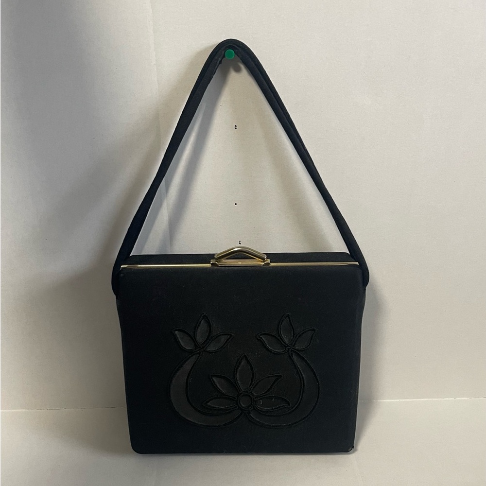 Vintage Black Box Handbag Wool?? Silk?? Metal Closure